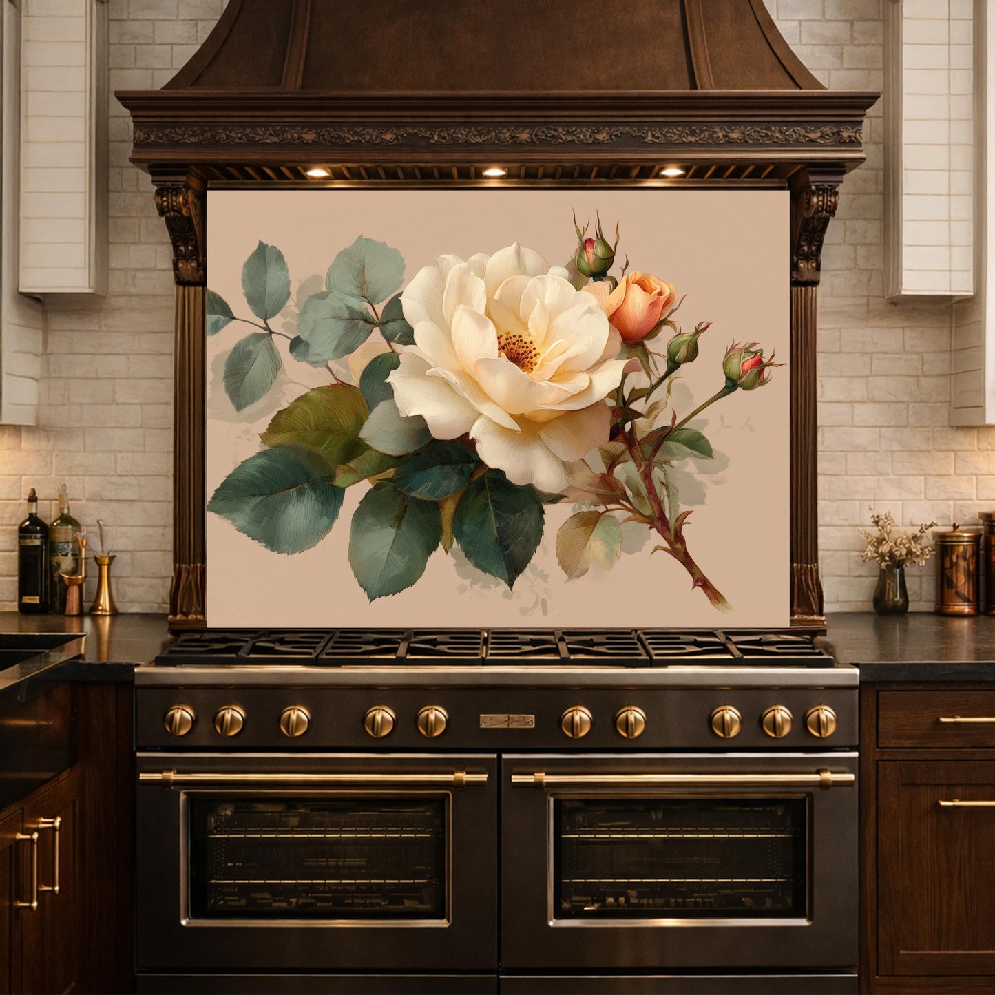 Soft Peach Floral Tempered Glass Kitchen Backsplash, Cream Blush Flower Wall Art