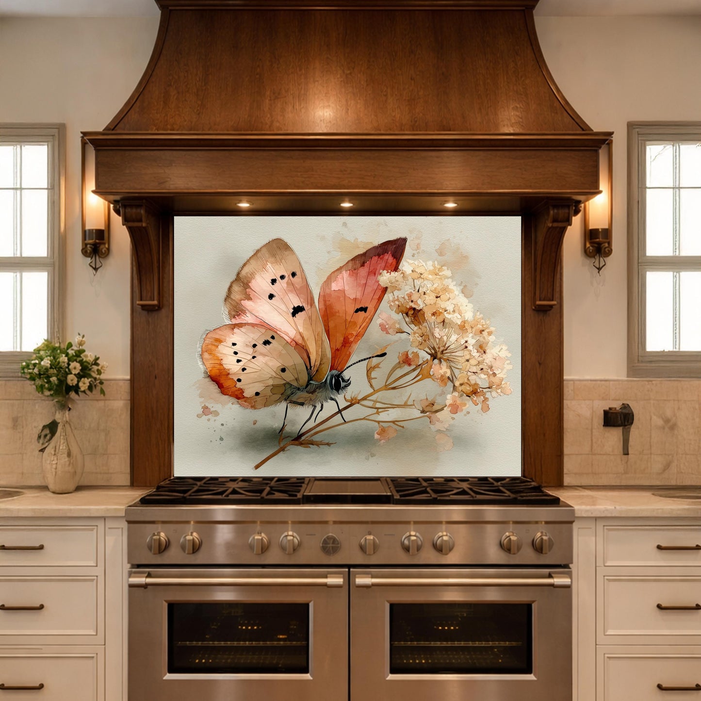 Butterfly Floral Glass Backsplash, Kitchen Wall Panel, Tempered Glass Art, Modern Nature Decor