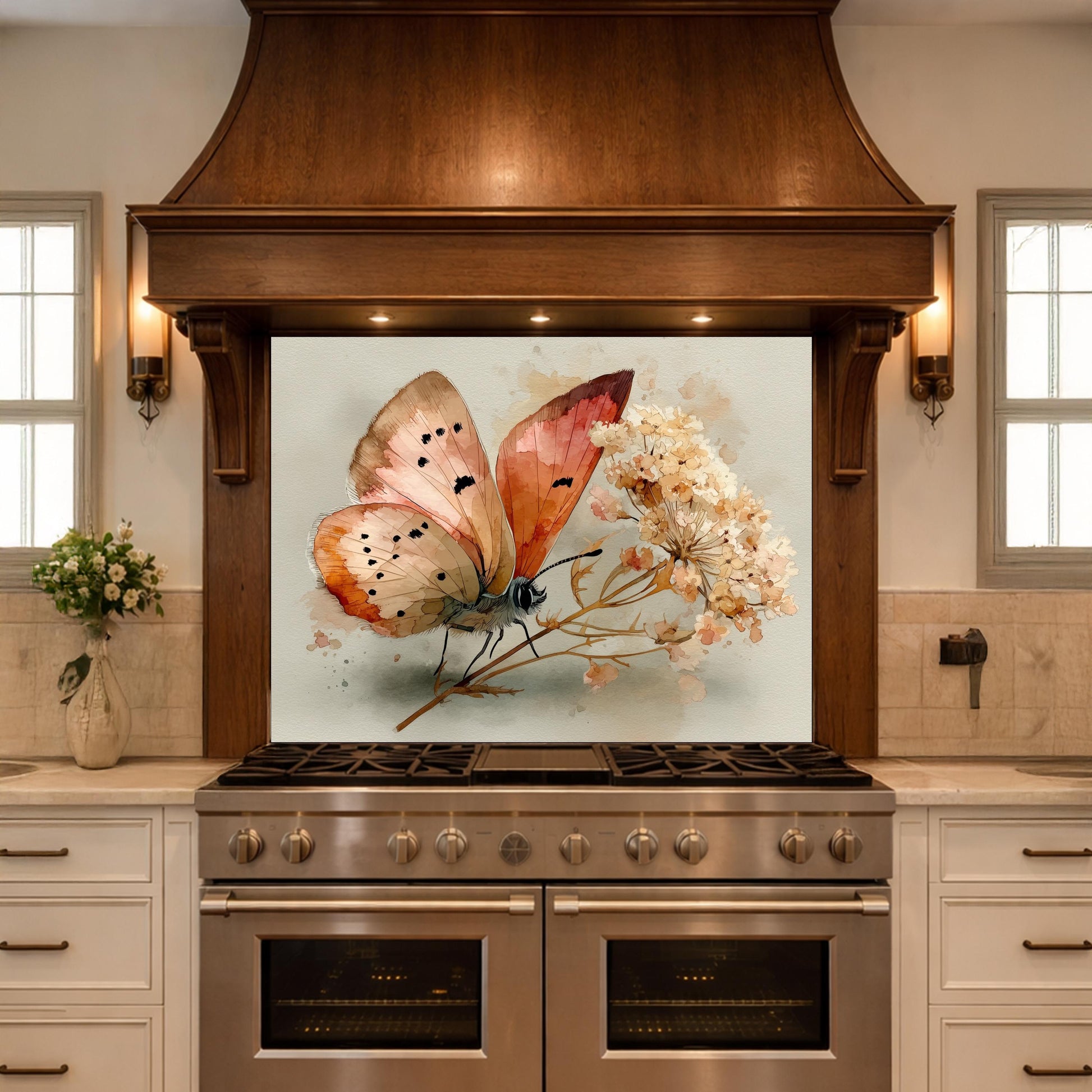 Butterfly Floral Glass Backsplash, Kitchen Wall Panel, Tempered Glass Art, Modern Nature Decor