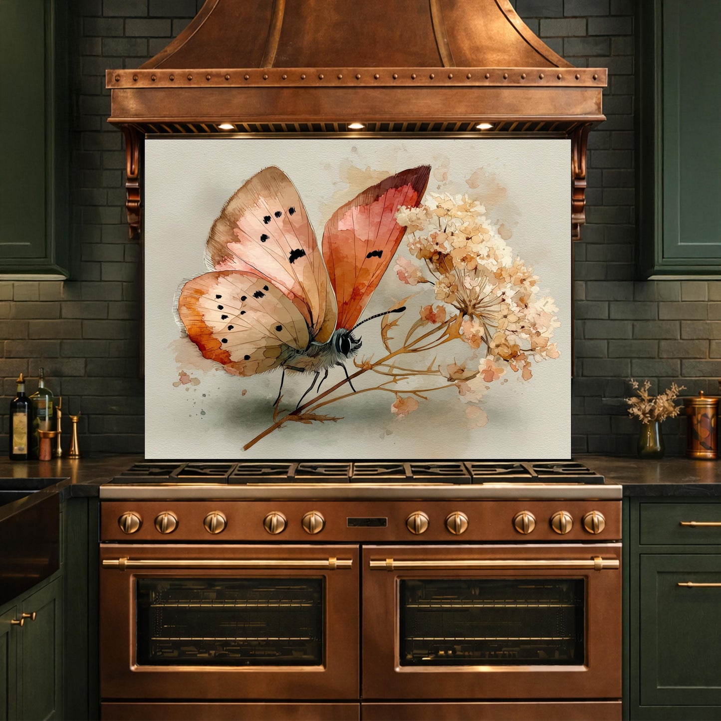 Butterfly Floral Glass Backsplash, Kitchen Wall Panel, Tempered Glass Art, Modern Nature Decor