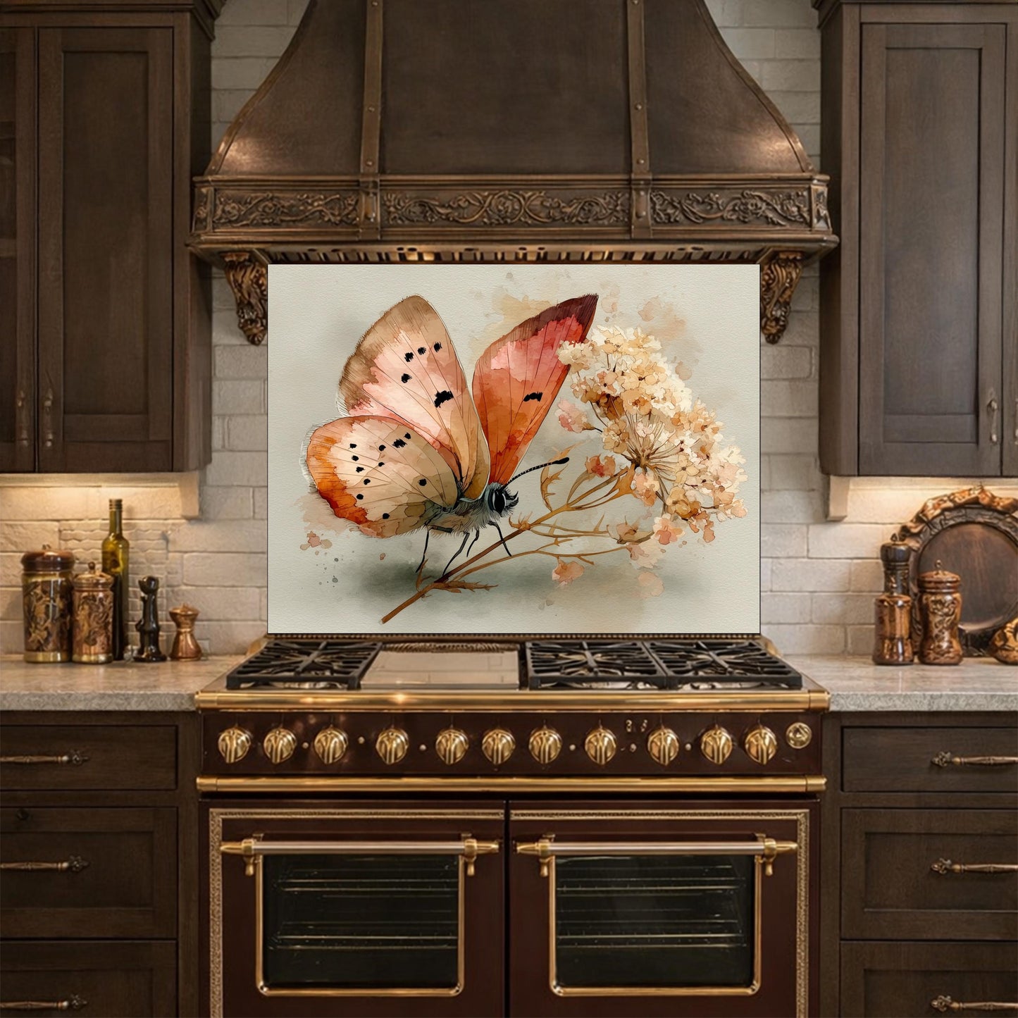 Butterfly Floral Glass Backsplash, Kitchen Wall Panel, Tempered Glass Art, Modern Nature Decor