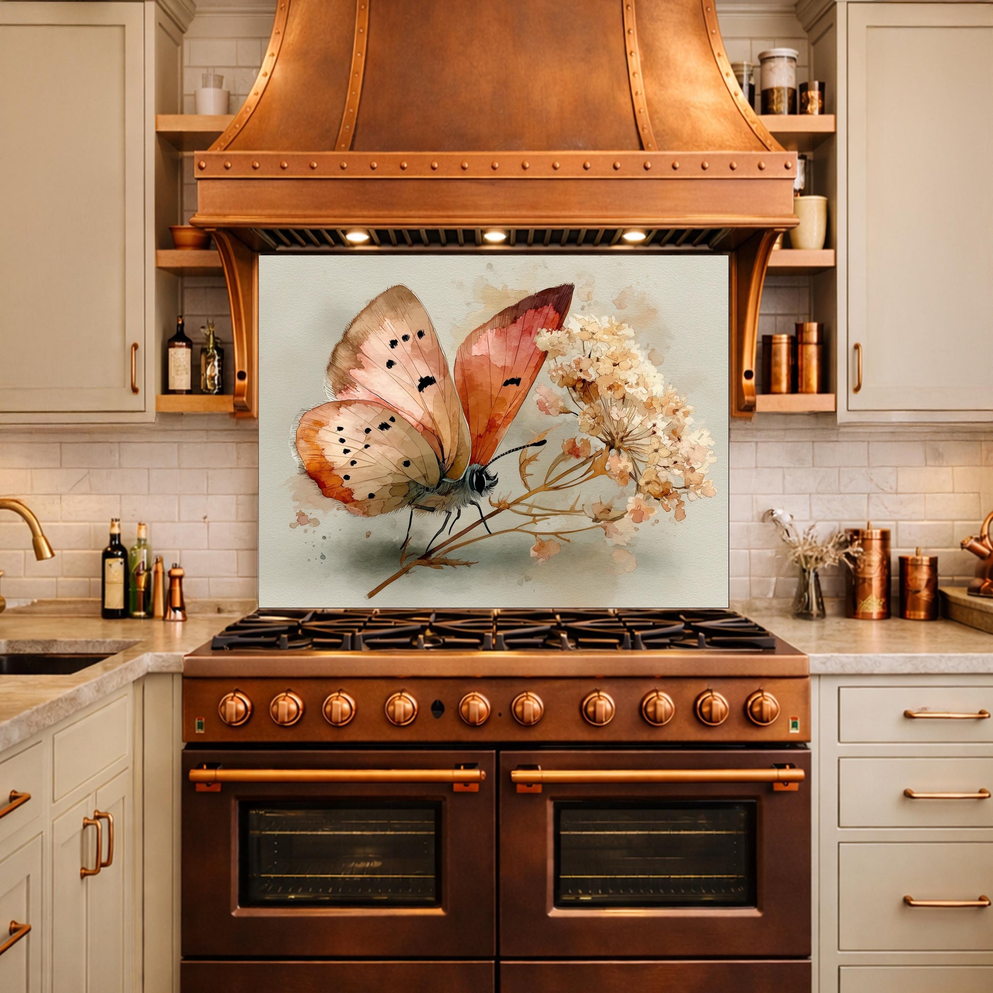 Butterfly Floral Glass Backsplash, Kitchen Wall Panel, Tempered Glass Art, Modern Nature Decor