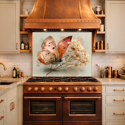 Butterfly Floral Glass Backsplash, Kitchen Wall Panel, Tempered Glass Art, Modern Nature Decor
