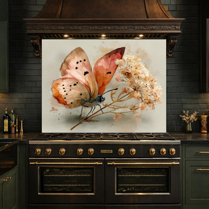 Butterfly Floral Glass Backsplash, Kitchen Wall Panel, Tempered Glass Art, Modern Nature Decor