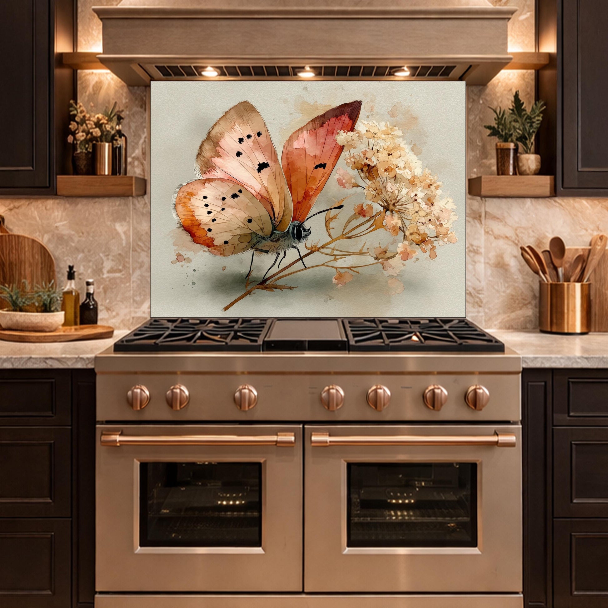 Butterfly Floral Glass Backsplash, Kitchen Wall Panel, Tempered Glass Art, Modern Nature Decor