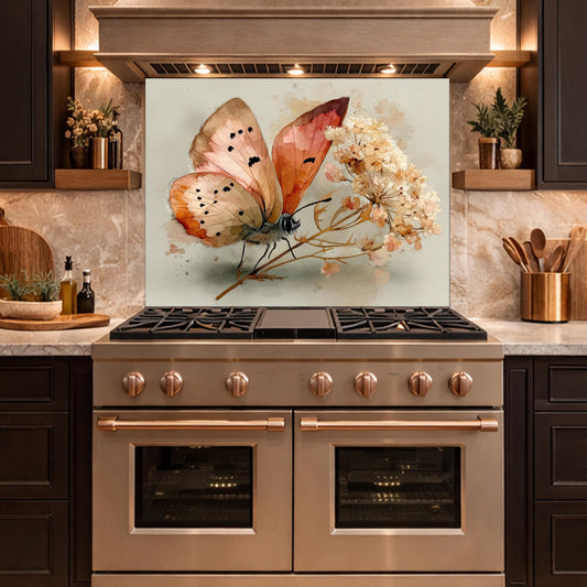 Butterfly Floral Glass Backsplash, Kitchen Wall Panel, Tempered Glass Art, Modern Nature Decor