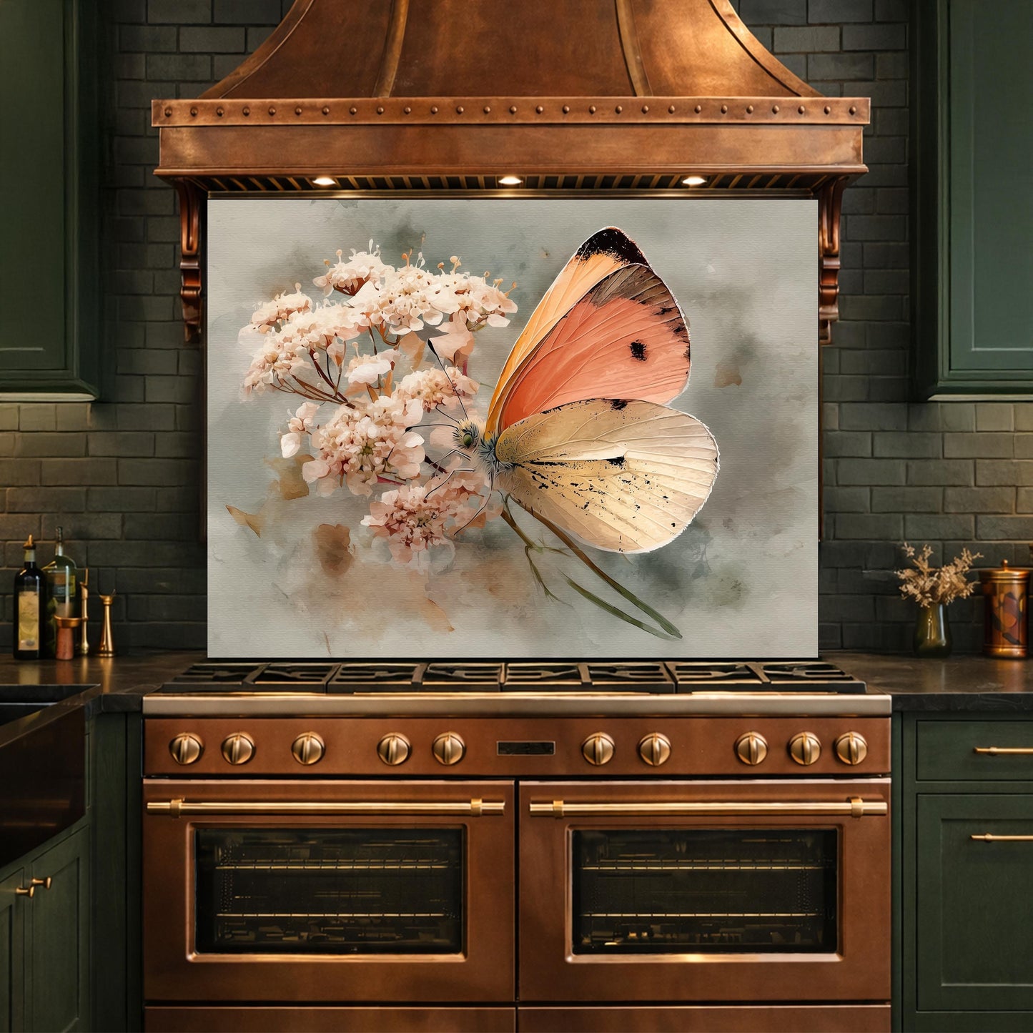Orange Butterfly Glass Backsplash, Kitchen Wall Panel, Tempered Glass Art, Modern Nature Decor