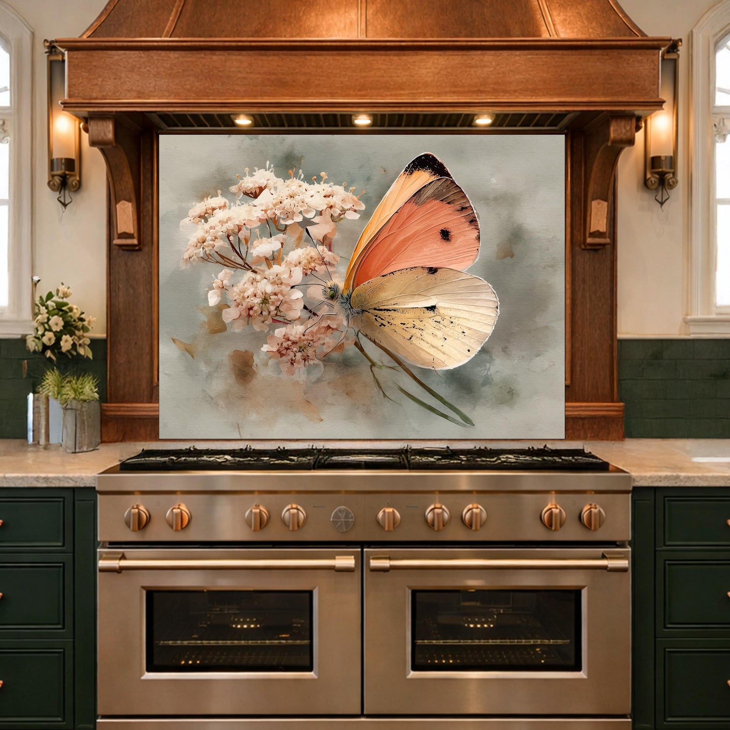 Orange Butterfly Glass Backsplash, Kitchen Wall Panel, Tempered Glass Art, Modern Nature Decor