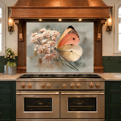 Orange Butterfly Glass Backsplash, Kitchen Wall Panel, Tempered Glass Art, Modern Nature Decor