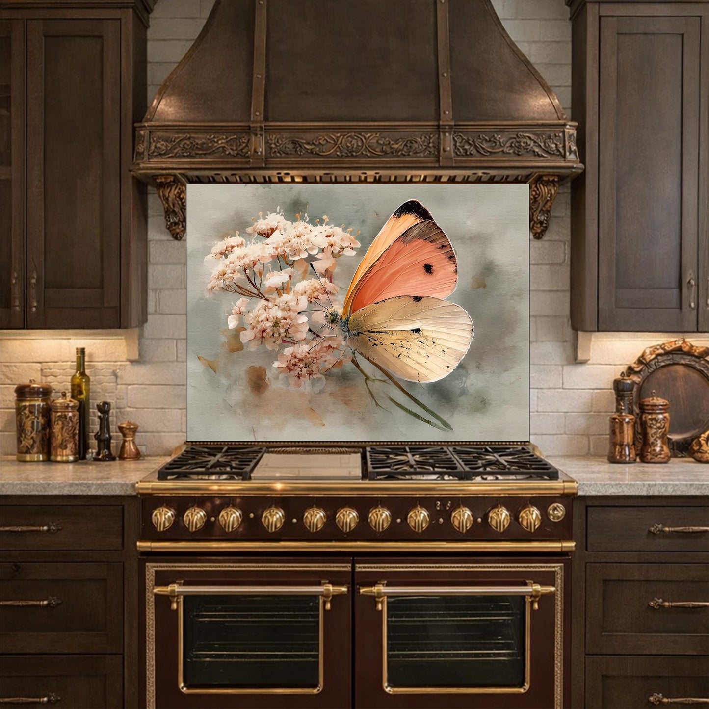Orange Butterfly Glass Backsplash, Kitchen Wall Panel, Tempered Glass Art, Modern Nature Decor