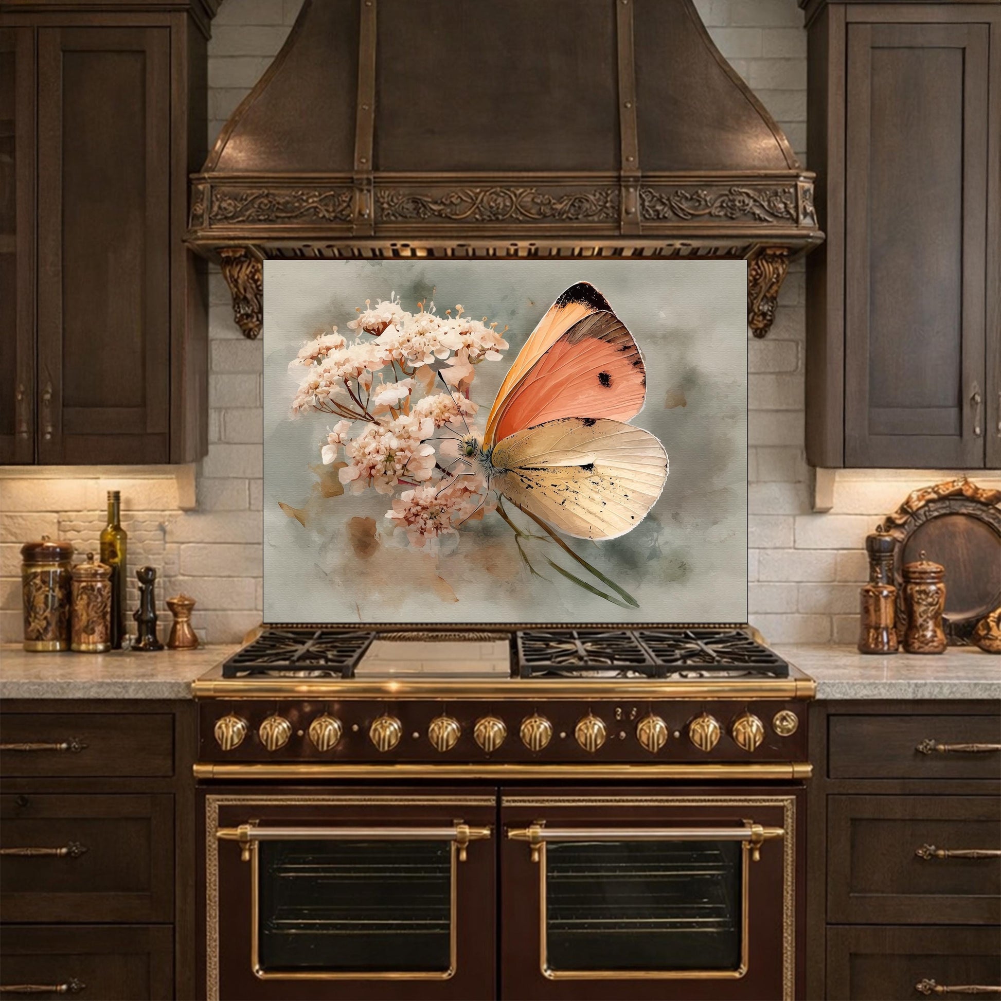 Orange Butterfly Glass Backsplash, Kitchen Wall Panel, Tempered Glass Art, Modern Nature Decor