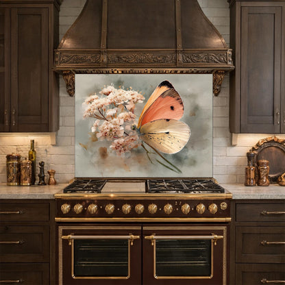 Orange Butterfly Glass Backsplash, Kitchen Wall Panel, Tempered Glass Art, Modern Nature Decor