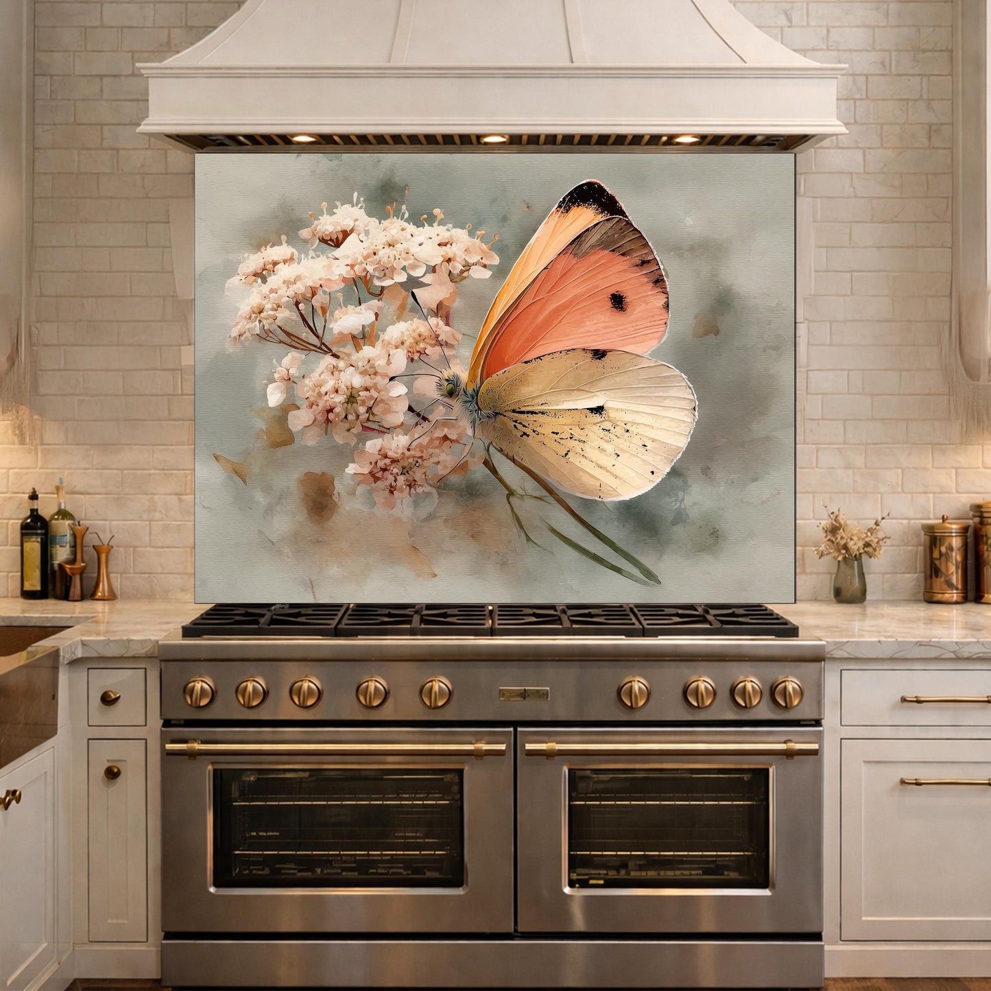 Orange Butterfly Glass Backsplash, Kitchen Wall Panel, Tempered Glass Art, Modern Nature Decor