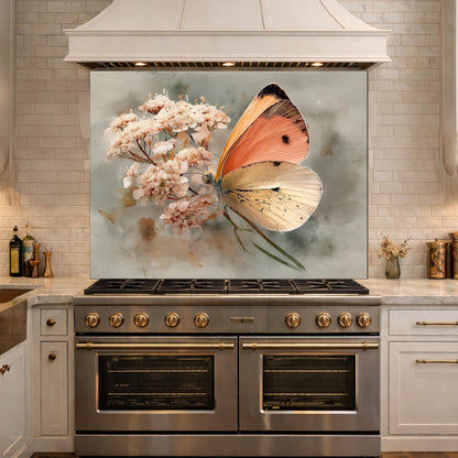 Orange Butterfly Glass Backsplash, Kitchen Wall Panel, Tempered Glass Art, Modern Nature Decor