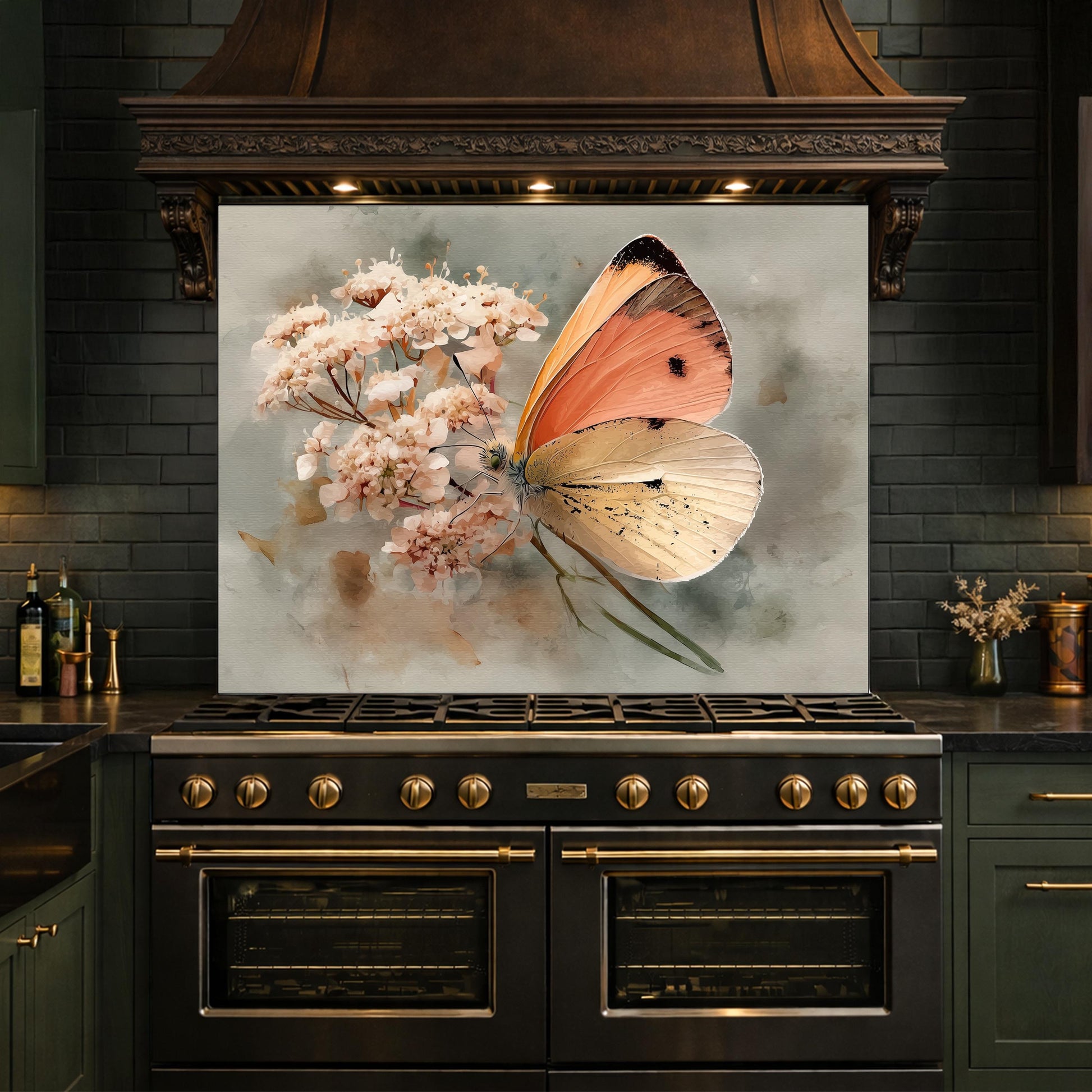 Orange Butterfly Glass Backsplash, Kitchen Wall Panel, Tempered Glass Art, Modern Nature Decor
