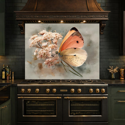 Orange Butterfly Glass Backsplash, Kitchen Wall Panel, Tempered Glass Art, Modern Nature Decor