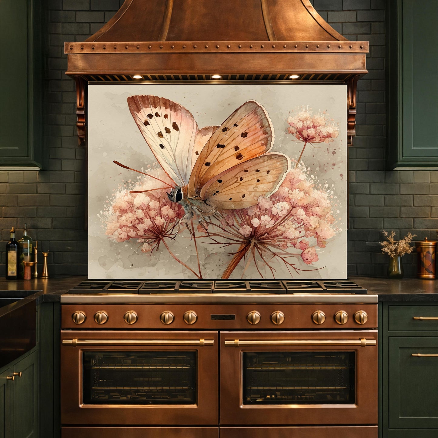 Peach Butterfly Glass Backsplash, Kitchen Wall Panel, Tempered Glass Art, Modern Nature Decor