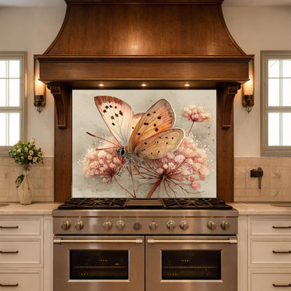 Peach Butterfly Glass Backsplash, Kitchen Wall Panel, Tempered Glass Art, Modern Nature Decor