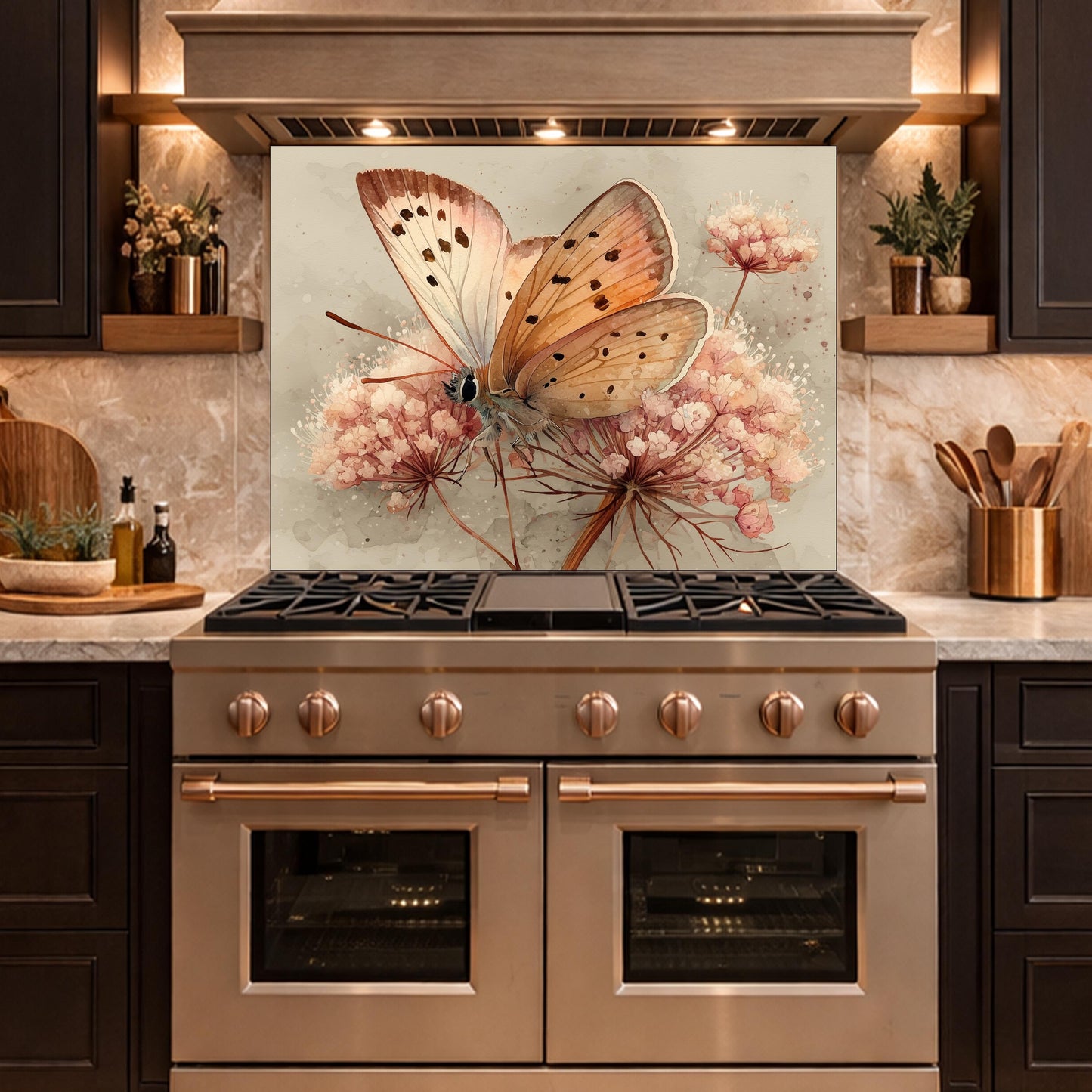 Peach Butterfly Glass Backsplash, Kitchen Wall Panel, Tempered Glass Art, Modern Nature Decor