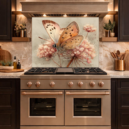 Peach Butterfly Glass Backsplash, Kitchen Wall Panel, Tempered Glass Art, Modern Nature Decor