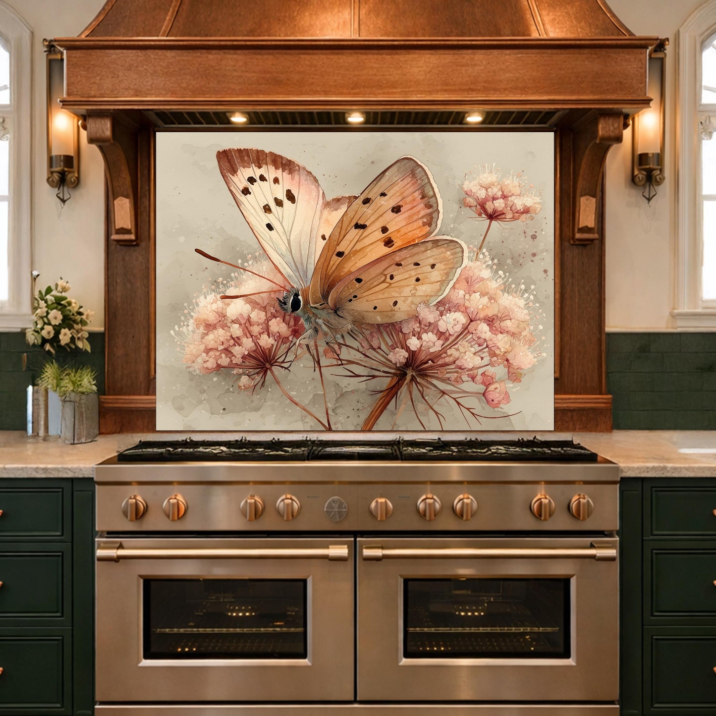 Peach Butterfly Glass Backsplash, Kitchen Wall Panel, Tempered Glass Art, Modern Nature Decor