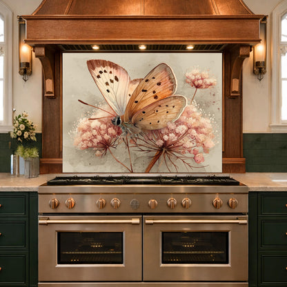 Peach Butterfly Glass Backsplash, Kitchen Wall Panel, Tempered Glass Art, Modern Nature Decor