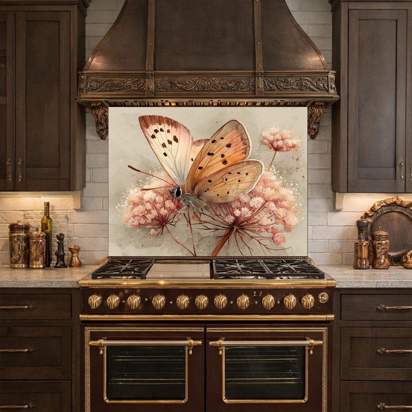 Peach Butterfly Glass Backsplash, Kitchen Wall Panel, Tempered Glass Art, Modern Nature Decor