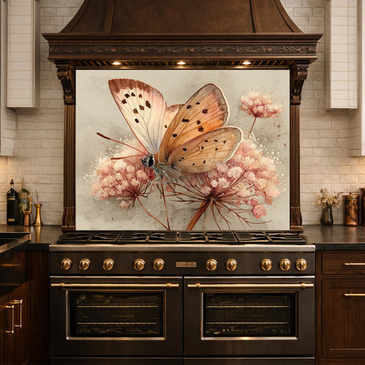 Peach Butterfly Glass Backsplash, Kitchen Wall Panel, Tempered Glass Art, Modern Nature Decor
