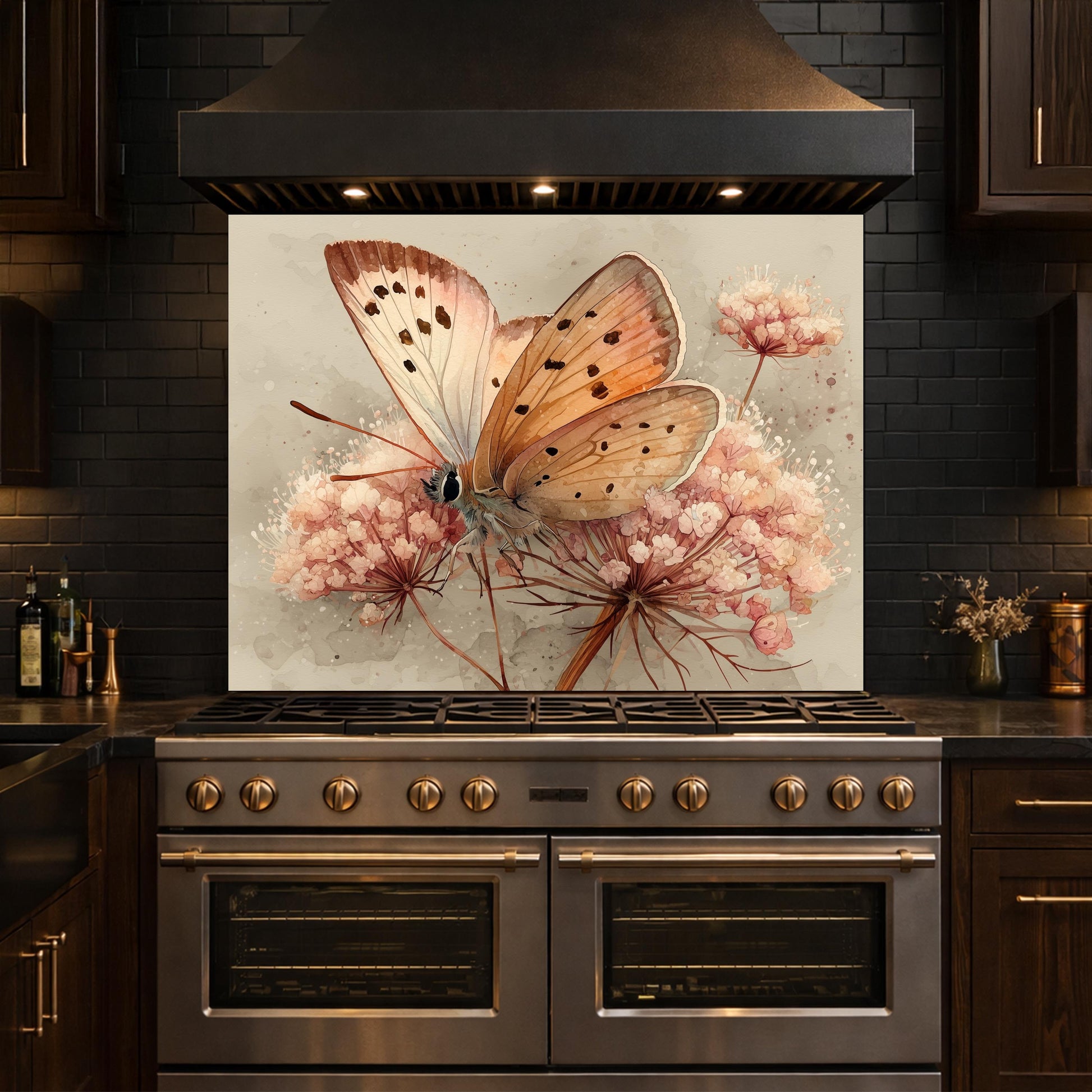 Peach Butterfly Glass Backsplash, Kitchen Wall Panel, Tempered Glass Art, Modern Nature Decor