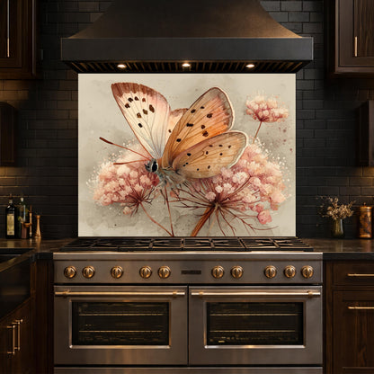 Peach Butterfly Glass Backsplash, Kitchen Wall Panel, Tempered Glass Art, Modern Nature Decor