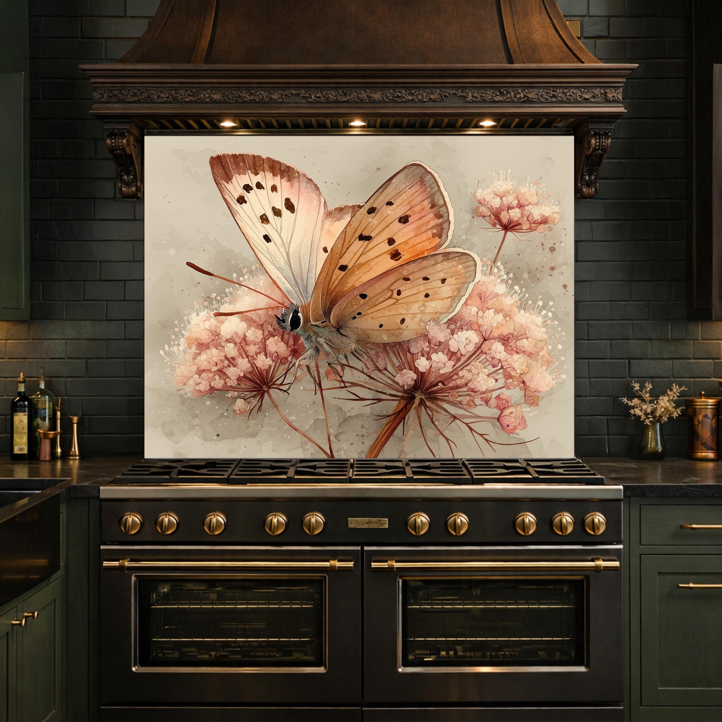 Peach Butterfly Glass Backsplash, Kitchen Wall Panel, Tempered Glass Art, Modern Nature Decor