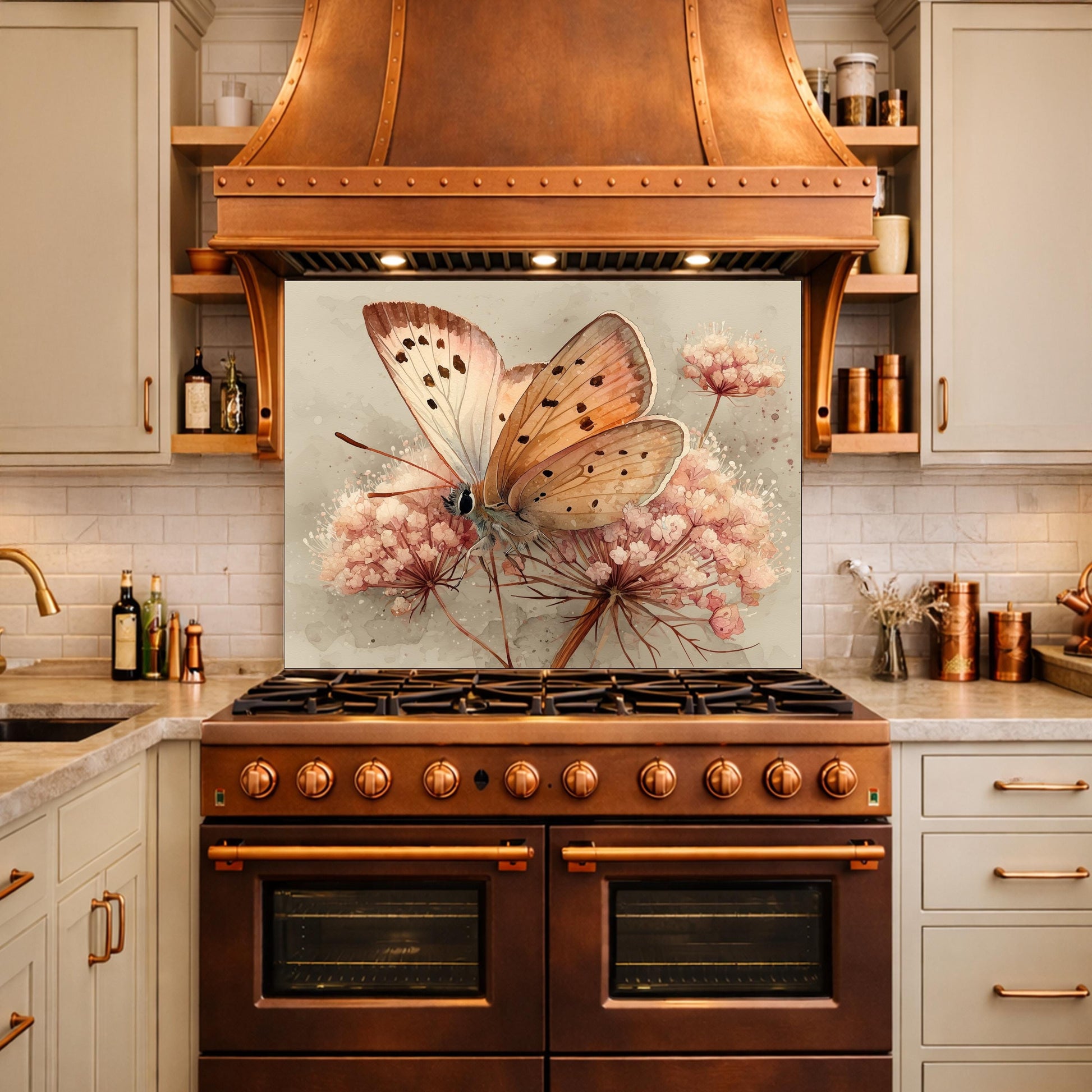 Peach Butterfly Glass Backsplash, Kitchen Wall Panel, Tempered Glass Art, Modern Nature Decor