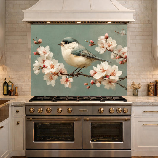 Vintage Bird Glass Backsplash, Kitchen Wall Panel, Tempered Glass Art, Modern Nature Decor
