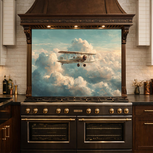 Vintage Biplane Watercolor Glass Backsplash, Kitchen Wall Art Panel