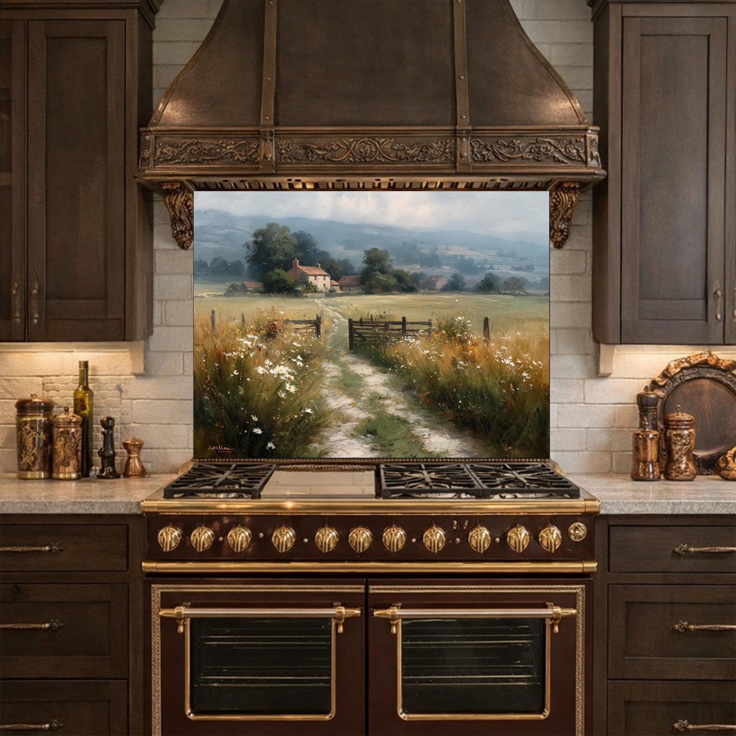 Watercolor Countryside Glass Backsplash, Kitchen Wall Panel, Tempered Glass Art, Scenic Nature Decor