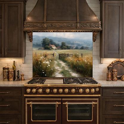 Watercolor Countryside Glass Backsplash, Kitchen Wall Panel, Tempered Glass Art, Scenic Nature Decor