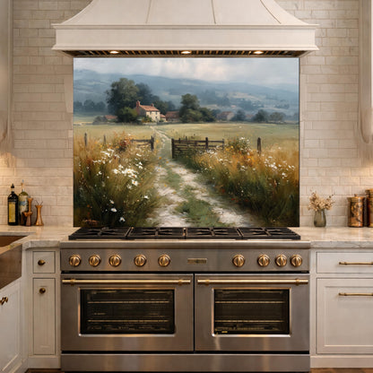 Watercolor Countryside Glass Backsplash, Kitchen Wall Panel, Tempered Glass Art, Scenic Nature Decor