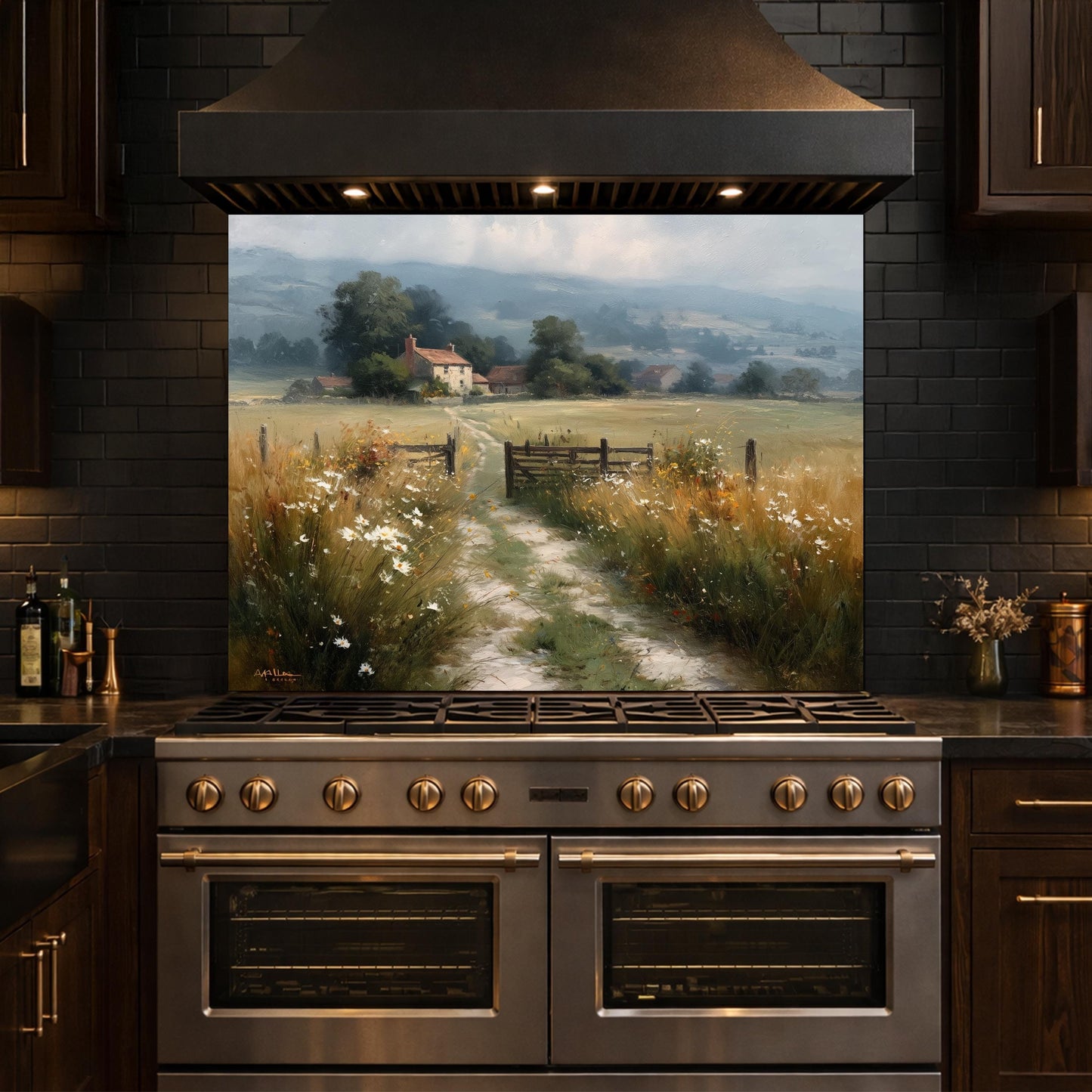 Watercolor Countryside Glass Backsplash, Kitchen Wall Panel, Tempered Glass Art, Scenic Nature Decor
