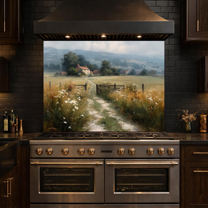 Watercolor Countryside Glass Backsplash, Kitchen Wall Panel, Tempered Glass Art, Scenic Nature Decor