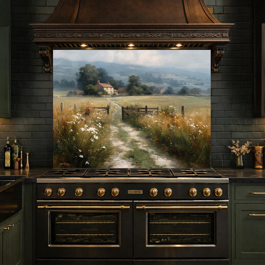 Watercolor Countryside Glass Backsplash, Kitchen Wall Panel, Tempered Glass Art, Scenic Nature Decor