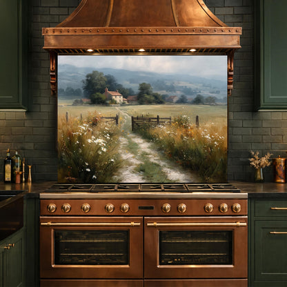 Watercolor Countryside Glass Backsplash, Kitchen Wall Panel, Tempered Glass Art, Scenic Nature Decor