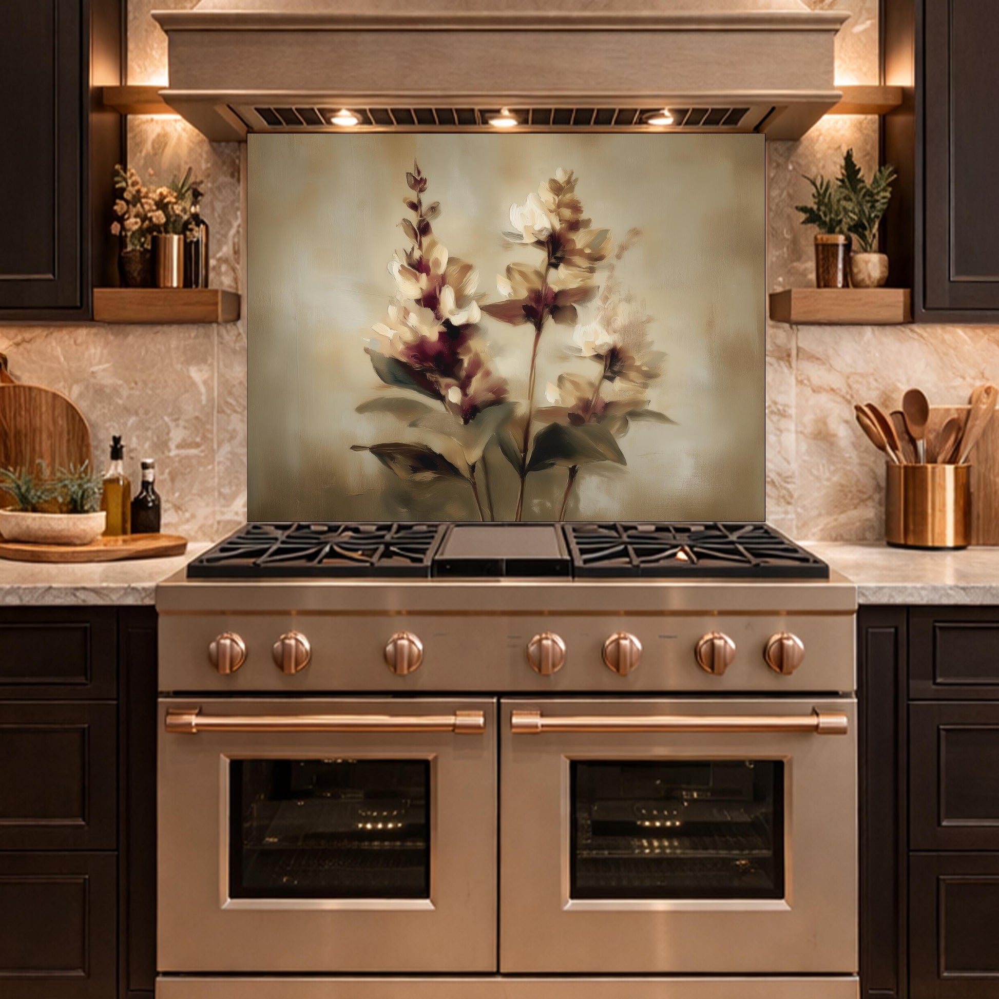 Watercolor Flower Glass Backsplash, Kitchen Wall Panel, Tempered Glass Art, Modern Nature Decor