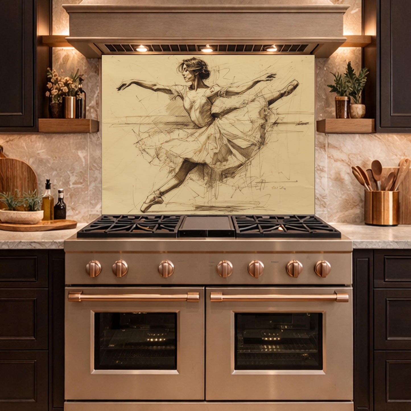 Ballerina Dance Sketch Tempered Glass Kitchen Backsplash, Modern Ballet Art Panel