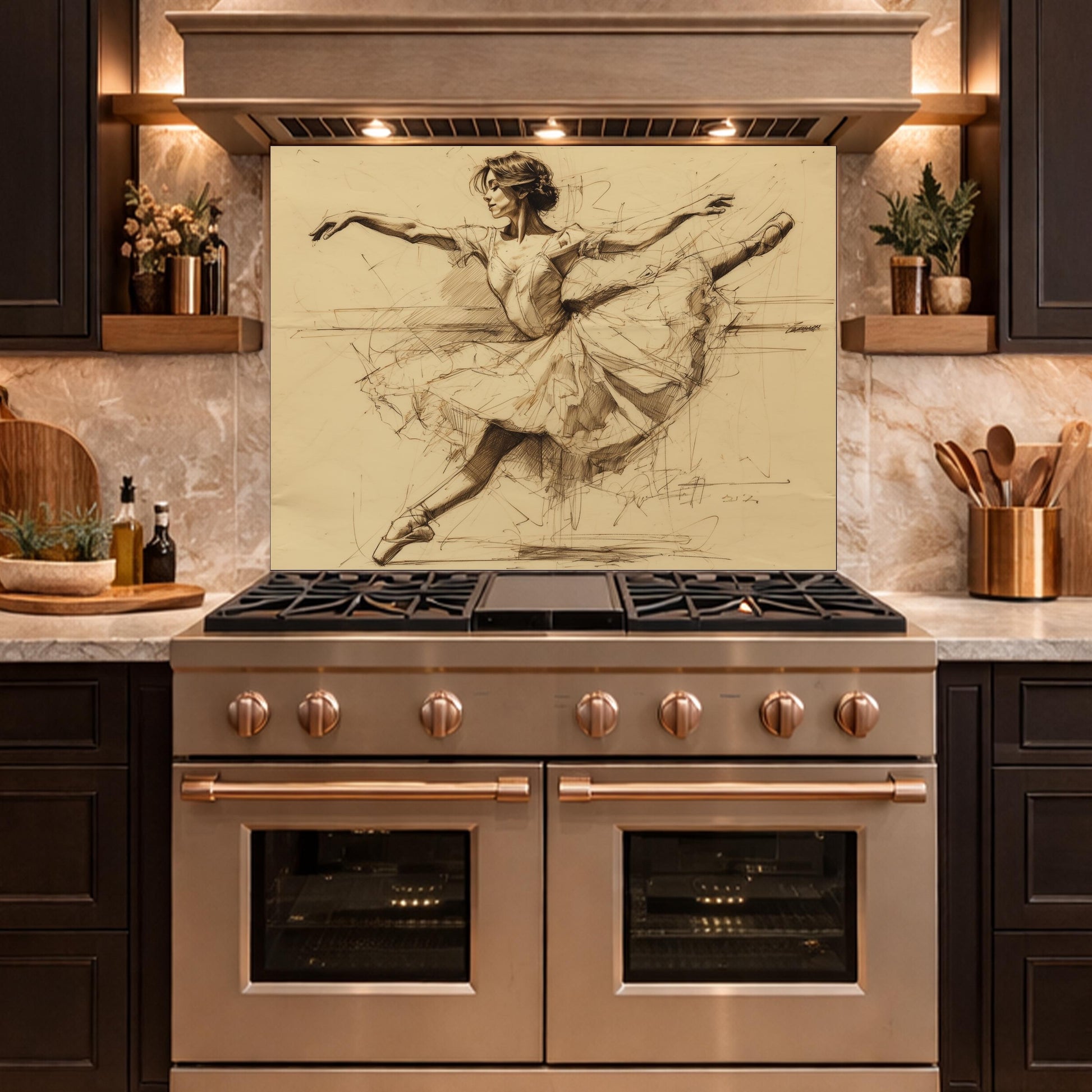 Ballerina Dance Sketch Tempered Glass Kitchen Backsplash, Modern Ballet Art Panel