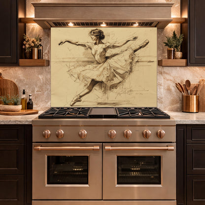 Ballerina Dance Sketch Tempered Glass Kitchen Backsplash, Modern Ballet Art Panel