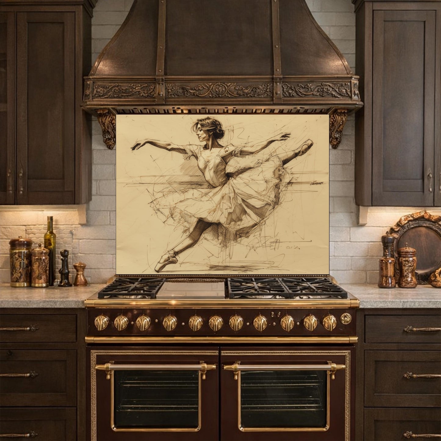Ballerina Dance Sketch Tempered Glass Kitchen Backsplash, Modern Ballet Art Panel