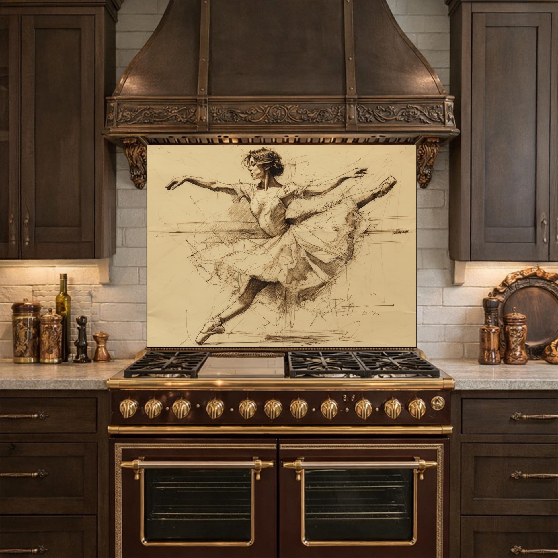 Ballerina Dance Sketch Tempered Glass Kitchen Backsplash, Modern Ballet Art Panel