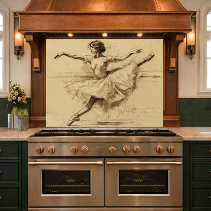 Ballerina Dance Sketch Tempered Glass Kitchen Backsplash, Modern Ballet Art Panel