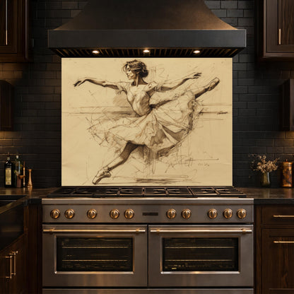 Ballerina Dance Sketch Tempered Glass Kitchen Backsplash, Modern Ballet Art Panel