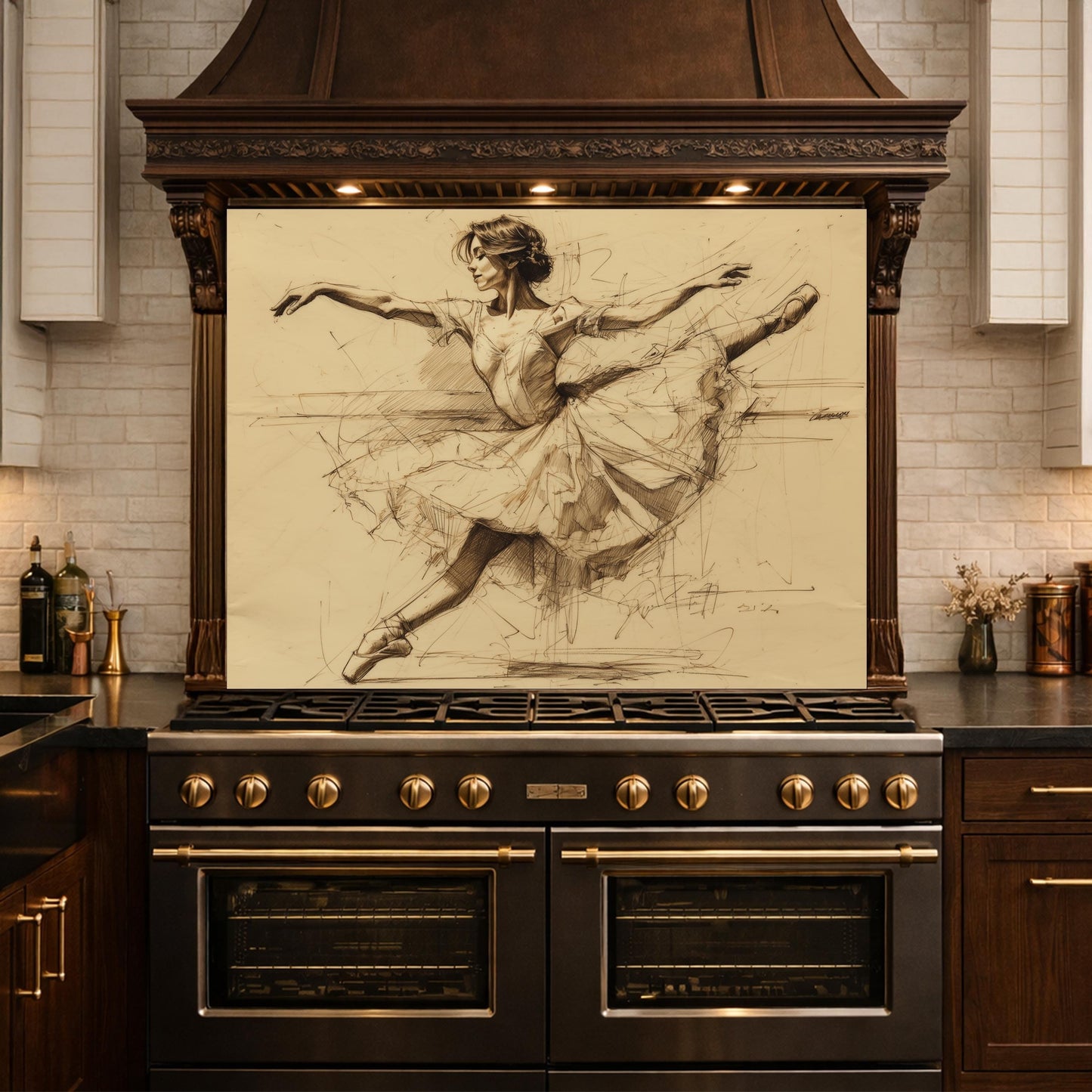 Ballerina Dance Sketch Tempered Glass Kitchen Backsplash, Modern Ballet Art Panel